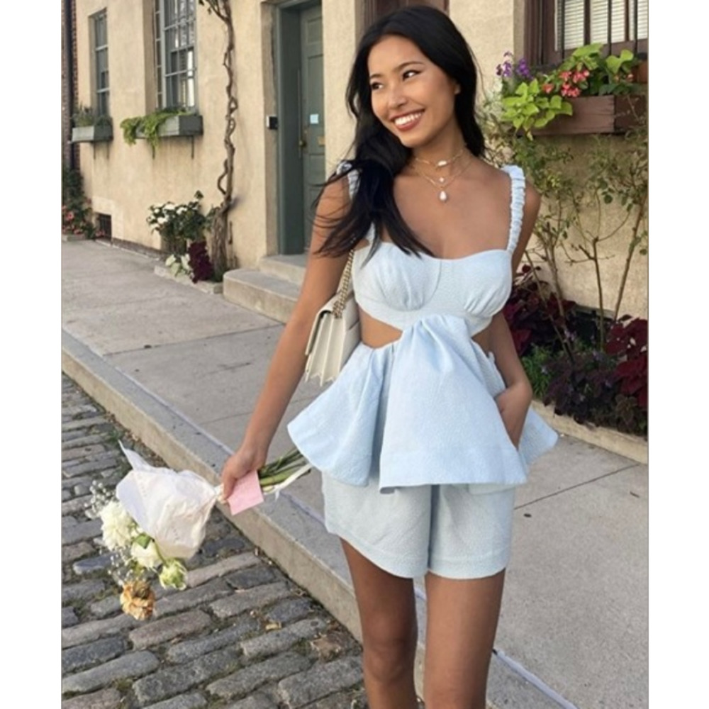 Revolve LPA Hunter Cut-Out Corset Tank Top Sleeveless Peplum Ruffle Blouse Blue